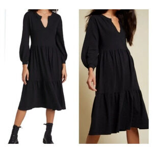Nation Medium Black Tavin Tiered Midi Dress Womens V Neck Jersey Long Sleeve